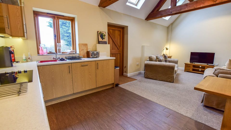 Open plan kitchen, dining area and living room, Combine Shed, Bolthole Retreats
