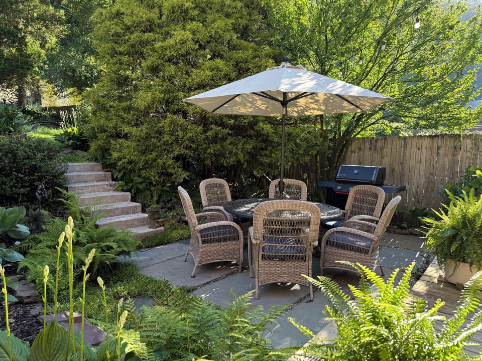 Patio with dining for 6 and a Weber gas grill