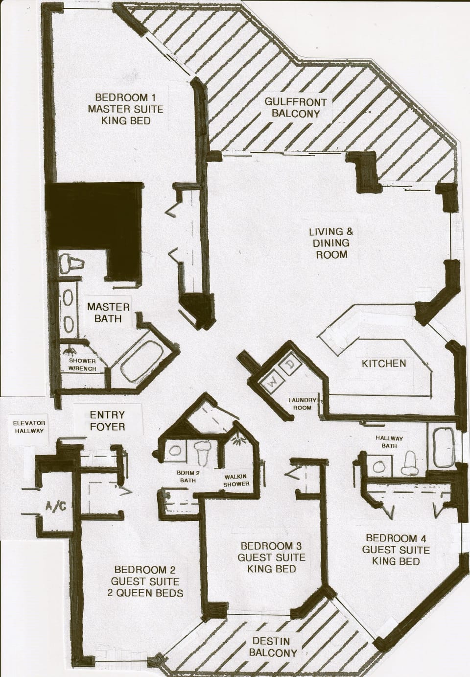 Floorplan of our 1206 condo.  10 guests can sleep in the privacy of bedrooms!