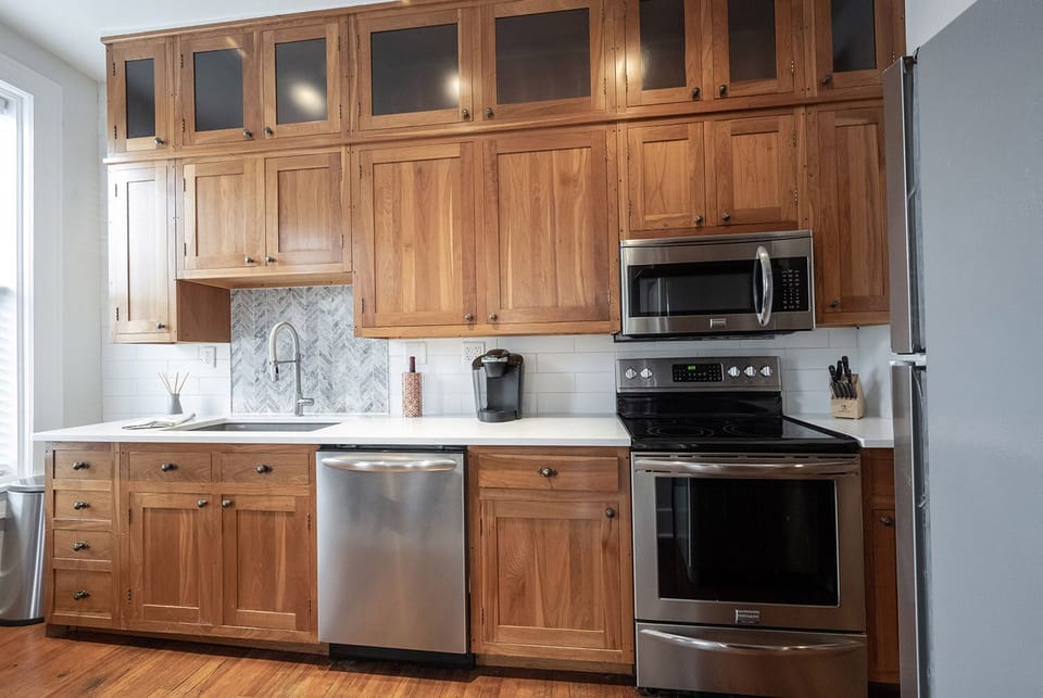 Cook in our modern kitchen with stainless steel appliances.