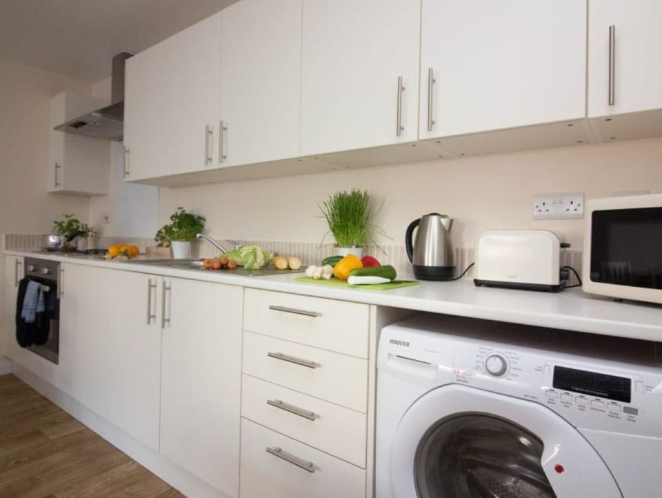 White modern kitchen with washing machine, toaster, plants, and wood-effect flooring – Castle 6 - Southampton