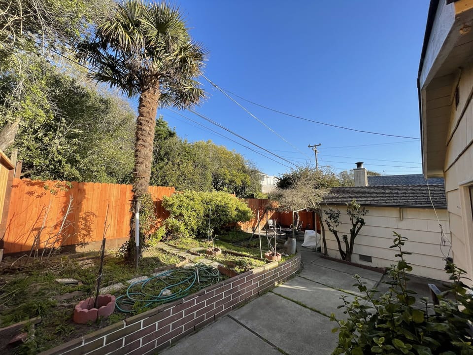 Renewed backyard garden for fun outdoors gathering and reading time. BBQ grill.