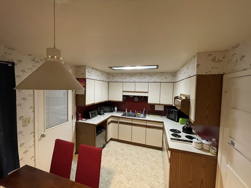 Kitchen with stove and other appliances. 

We do not have a large oven.
