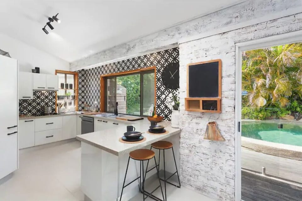 Kitchen with views of the pool area