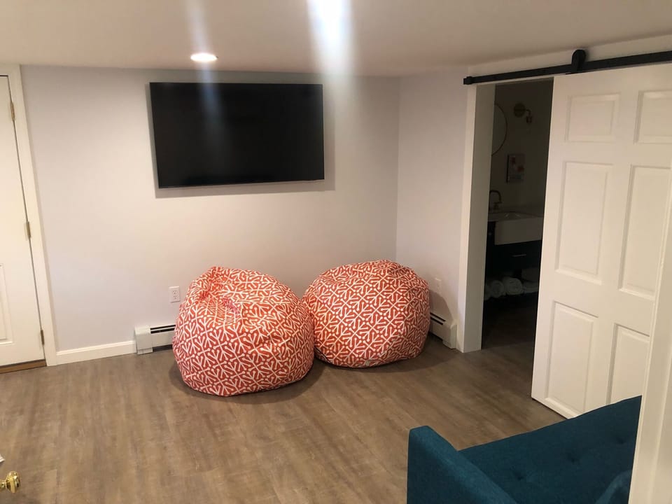 Basement - TV and bean bags for kids movie night