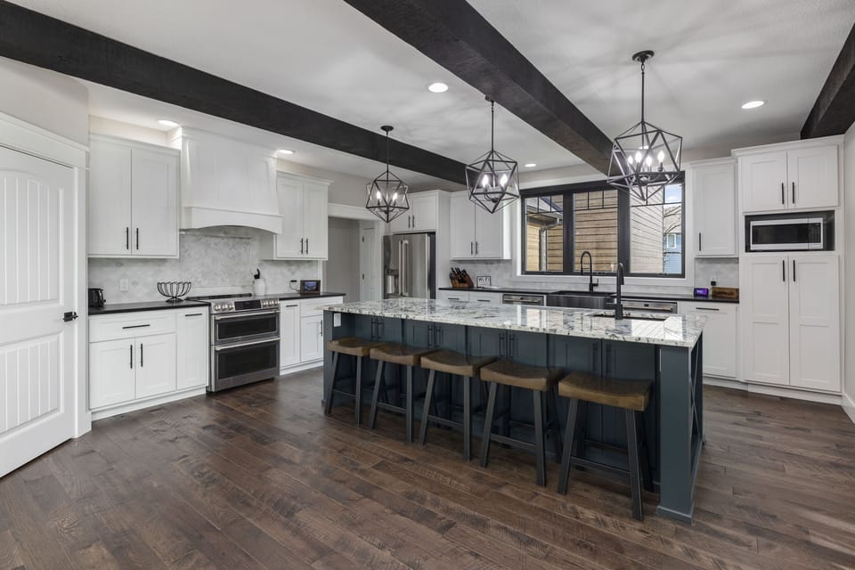 Expansive, fully stocked kitchen. 