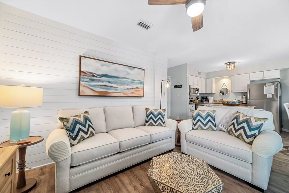 This condo is a well planned small space. You'll find two bedrooms with King beds in each, with two full bathrooms, and a stocked kitchen