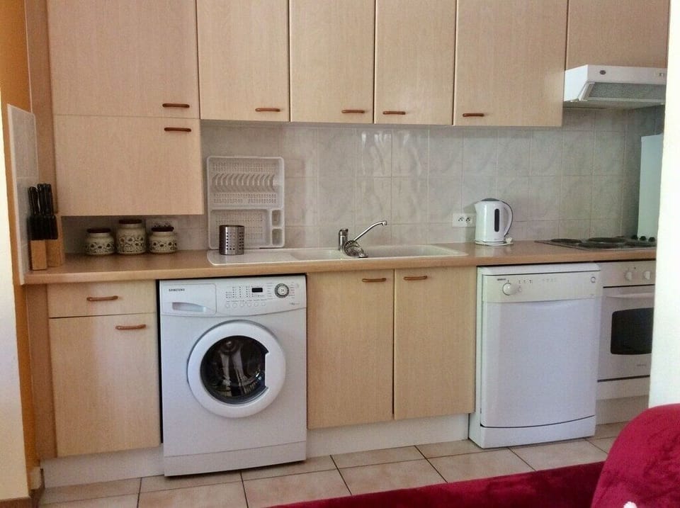 Fully equipped kitchen with washing machine and dish washer.