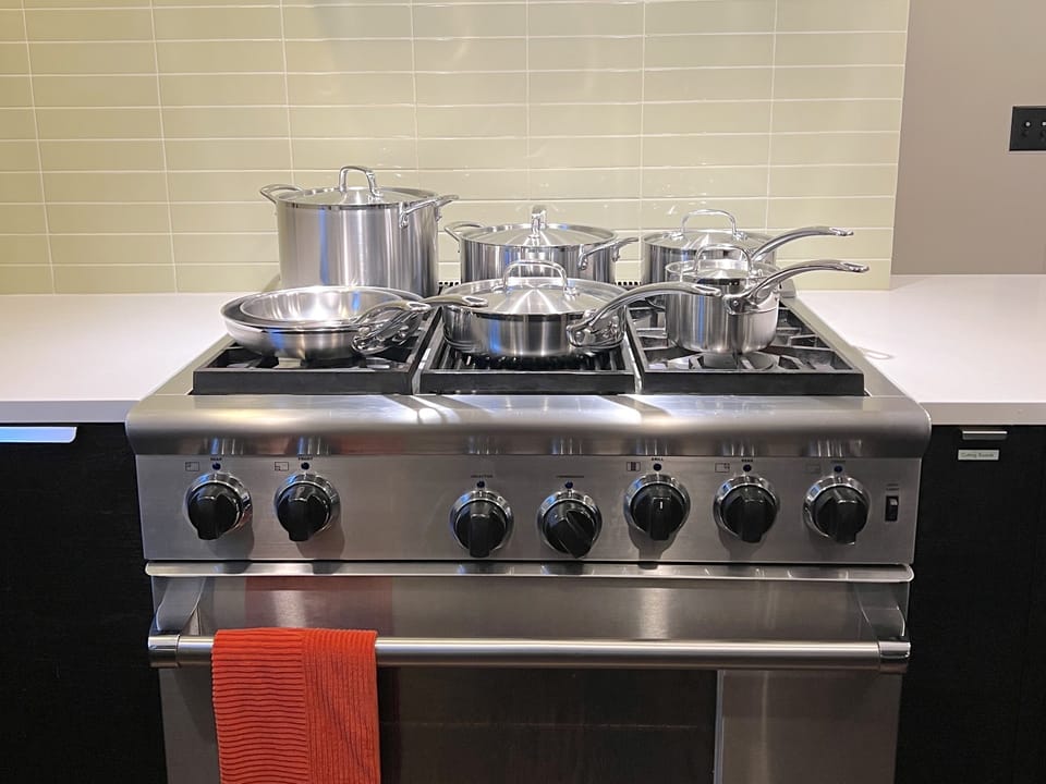 36" gas stove and new tri-ply cookware.