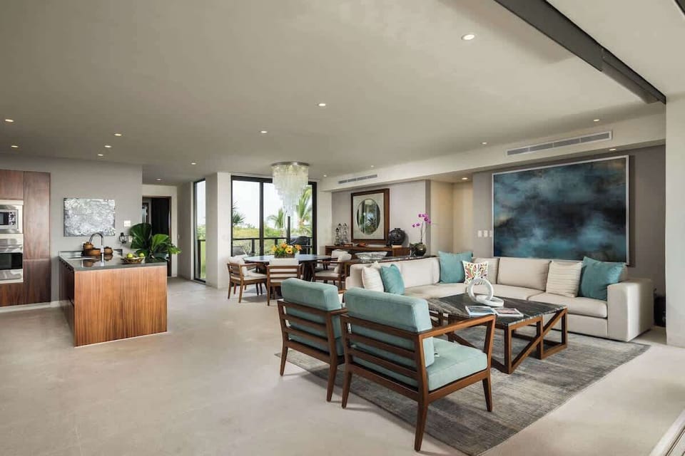Tropical-inspired decor and beachy vibes throughout