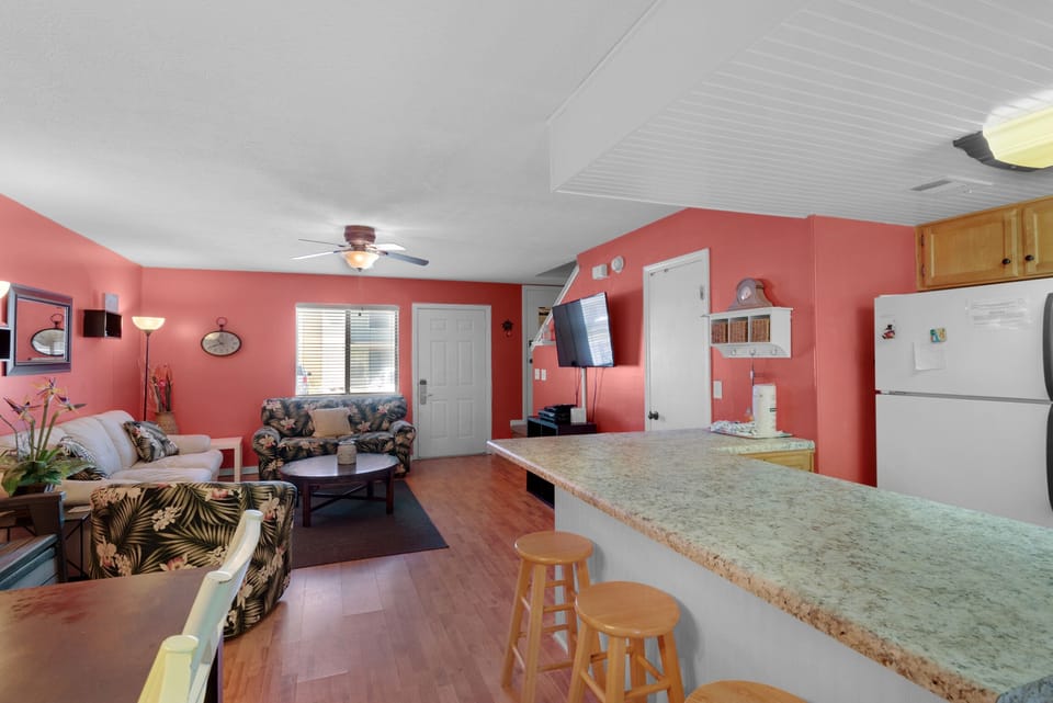 Large kitchen counter space with eat-in bar