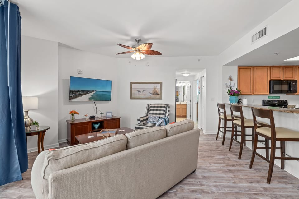 Queen sofa sleeper, and sliding doors out to your balcony w/ flat screen TV 