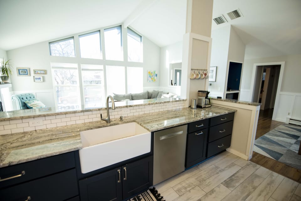 Kitchen and coffee station.  14' vaulted ceilings.