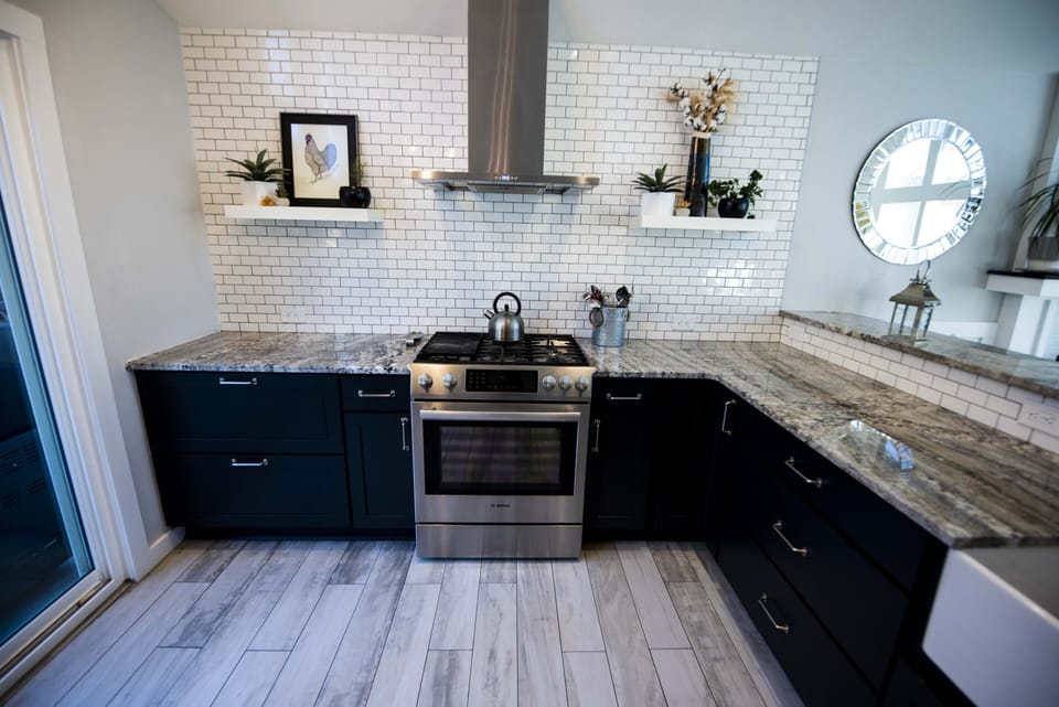 Gas range and open concept kitchen