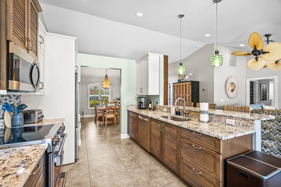 Spacious open kitchen stocked for everything from breakfast to family dinners