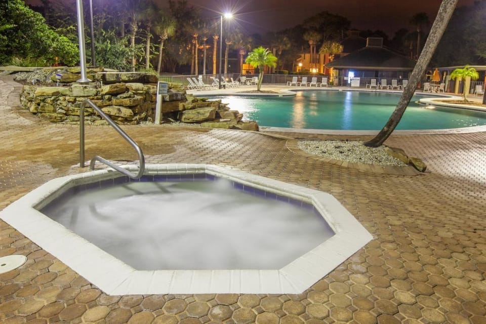 Soak under the lights in the steamy hot tub at night.