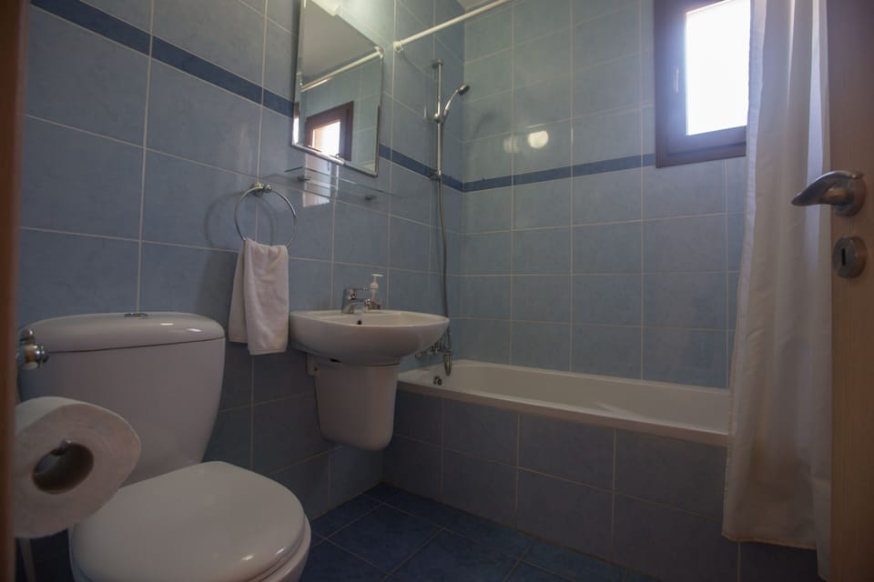 Main Bathroom with bathtub, overhead shower and WC