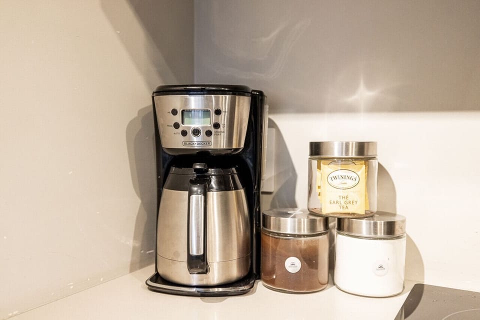 FULLY stocked kitchen with all the comforts of home! Coffe, Tea and sugar provided for your stay