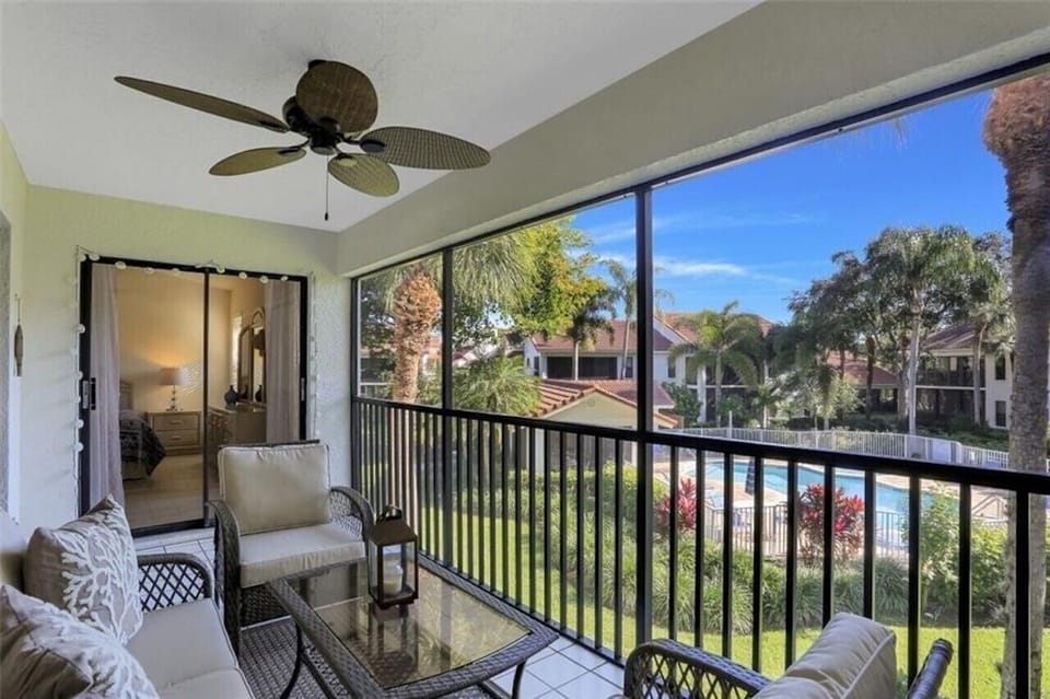 Lanai overlooking the pool and beautiful landscaped gardens.