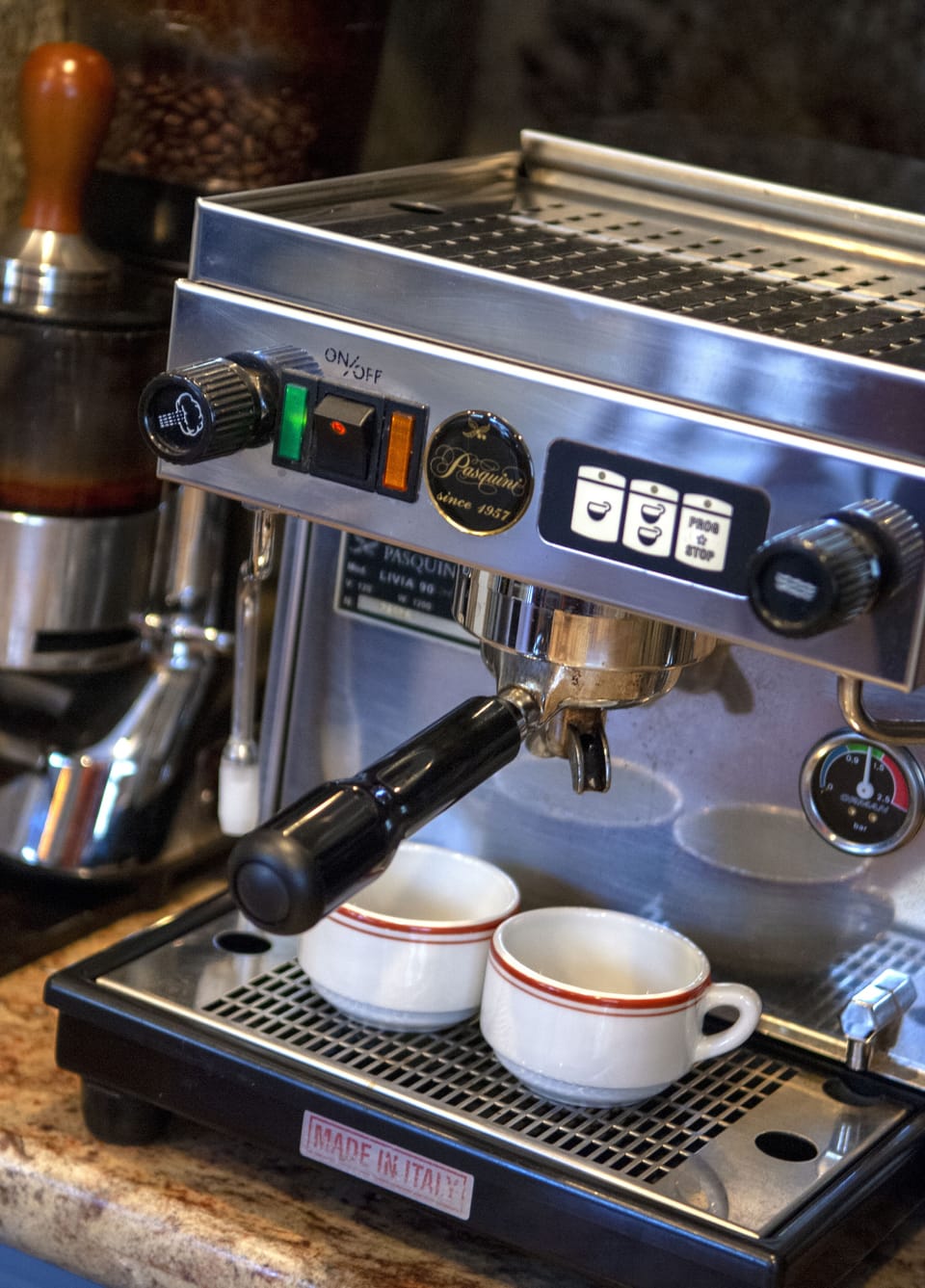 Commercial espresso machine means no need to head down the hill in the morning