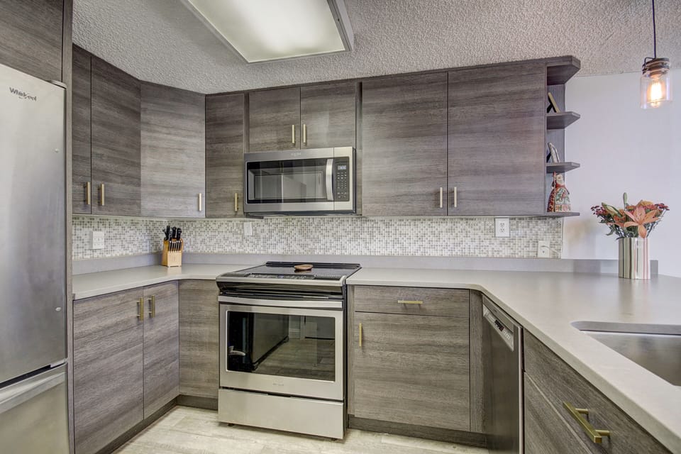 Stainless steel appliances in the newly remodeled kitchen.