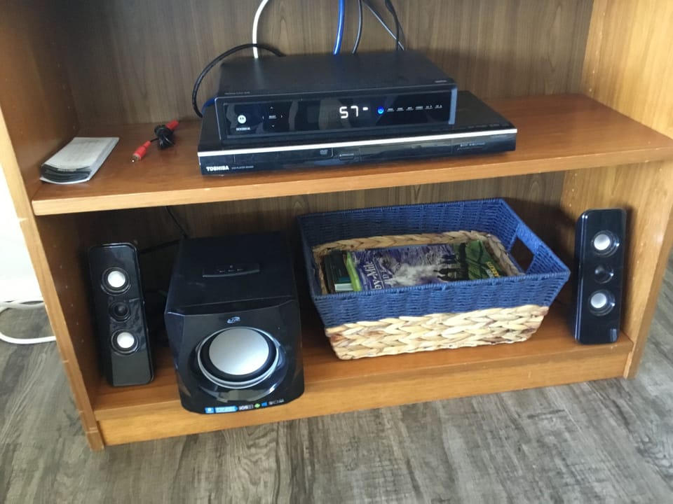 Blue tooth speakers set in living area for use with your music iPad or phone
