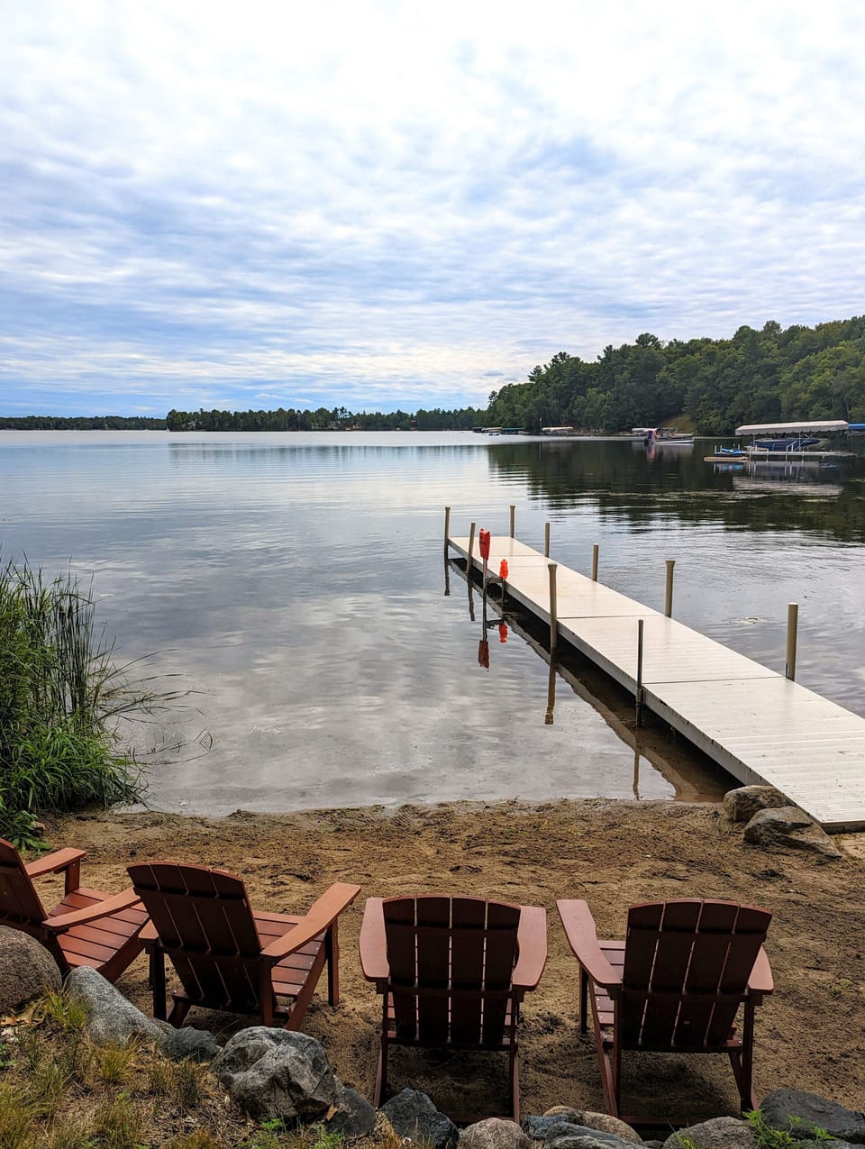 50' dock with 9'-10' water depth at end of dock. Lake weeds start 20' from shore