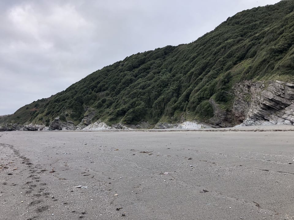 The beach just beyond Downderry. A winding track leads up to the SW coast path. 
