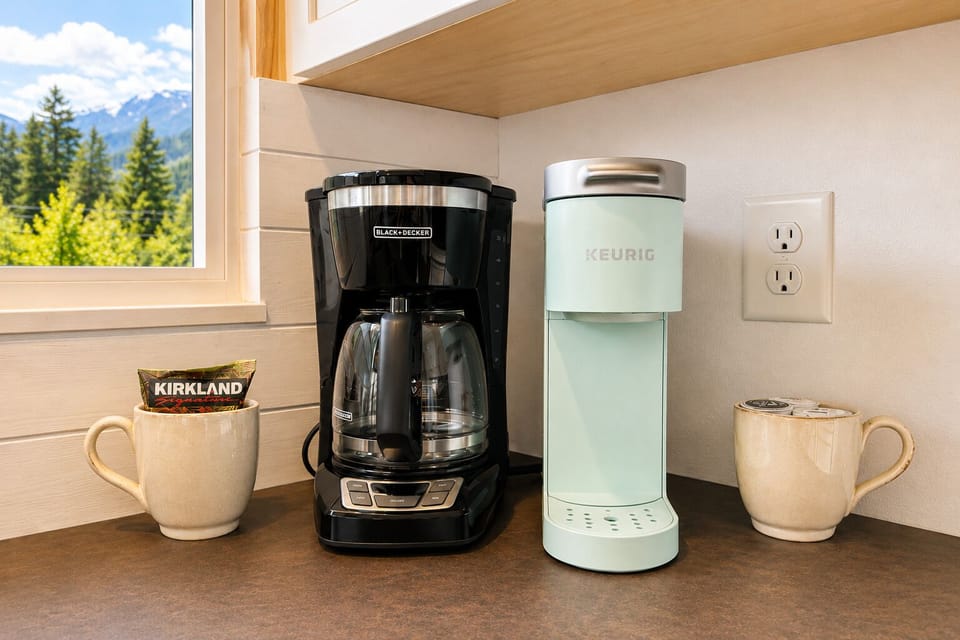 Start your mornings right with a fresh cup of coffee while soaking in stunning mountain views—your own beverage station is ready whenever you are.