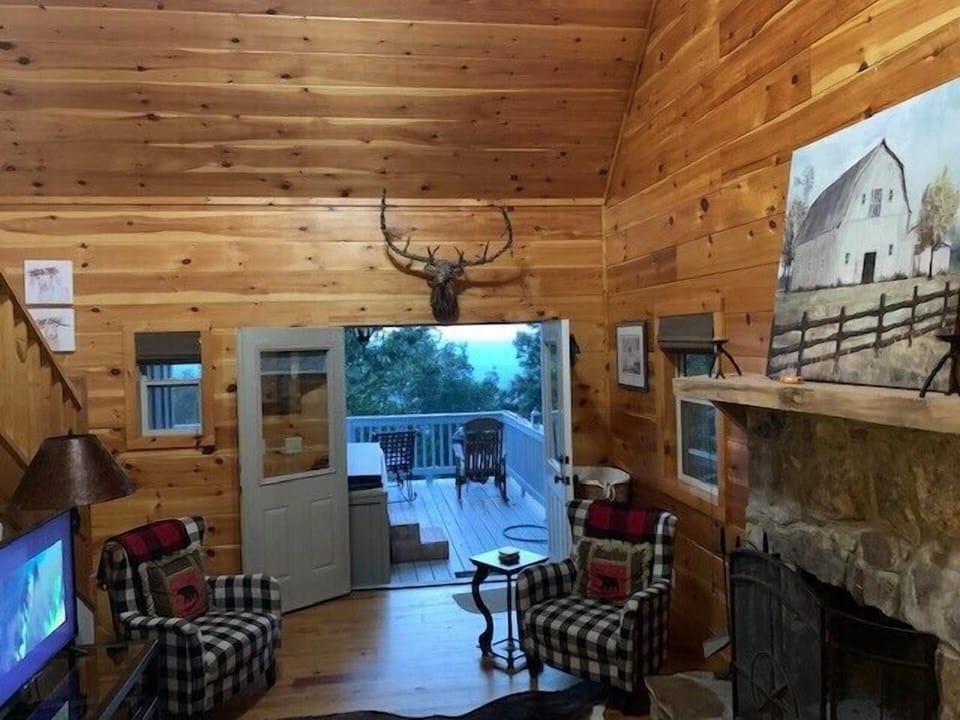 Den with Fireplace opens to deck with brow view & HotTub