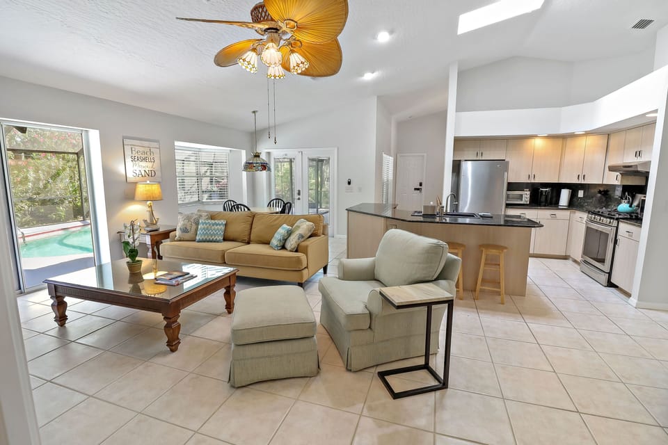 Open floor plan with cathedral ceilings