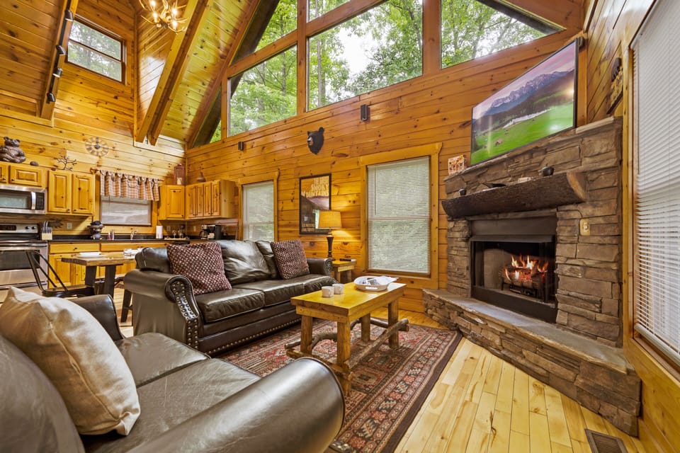 Cozy fireplace and 50" TV