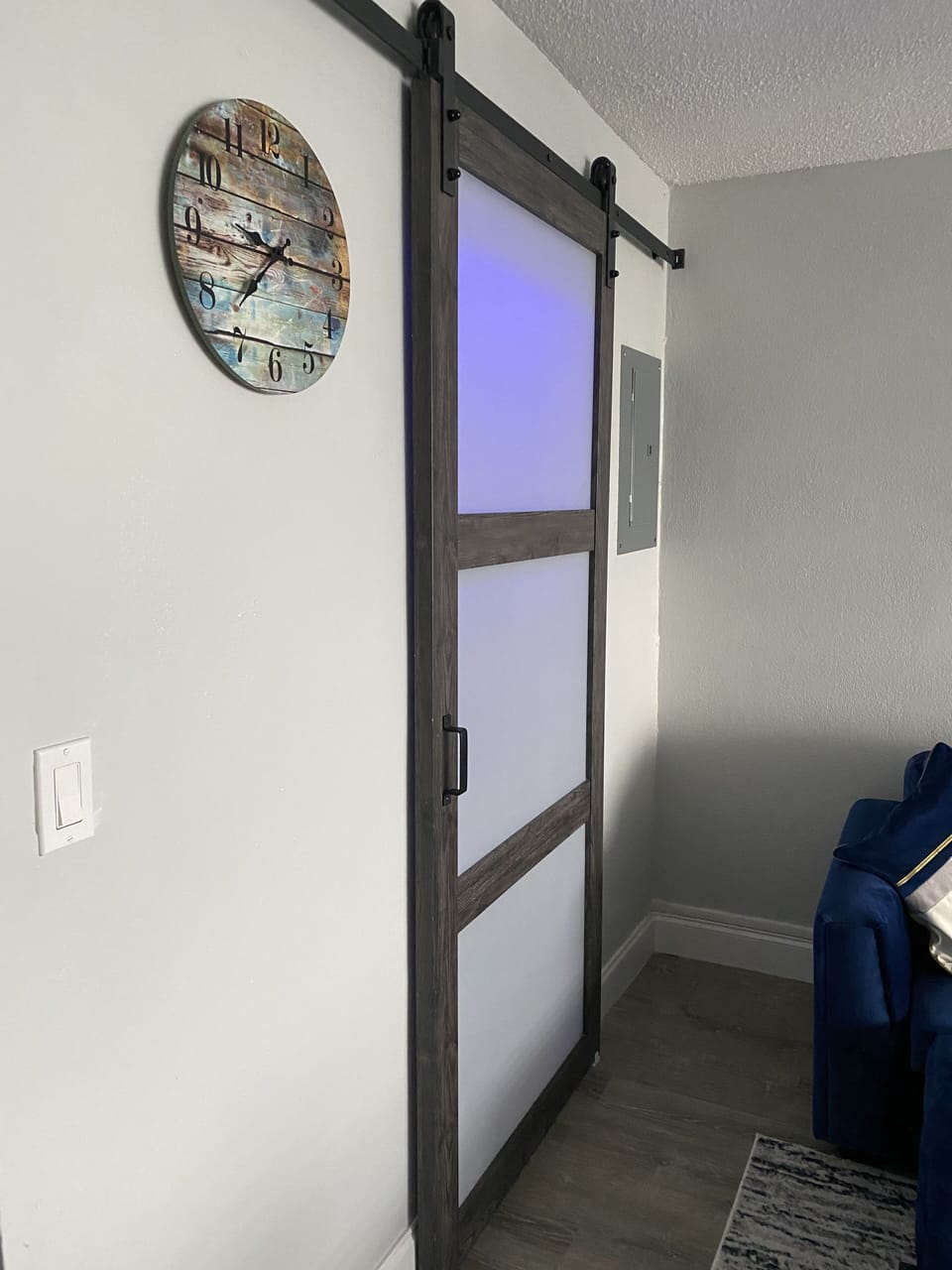 Barn door to bathroom.