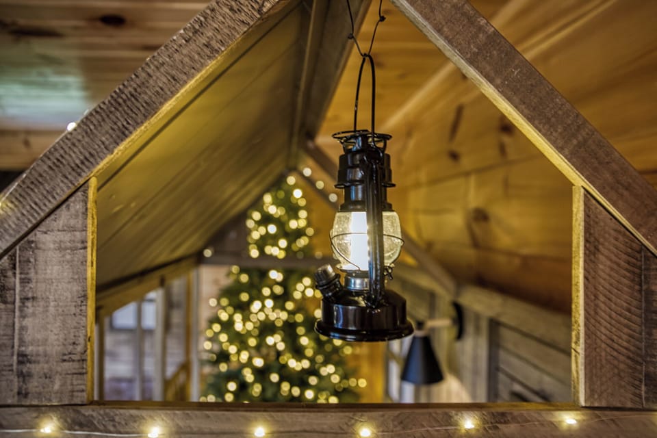 Whimsical kid-friendly bunk room with lanterns, string lights, and indoor trees.