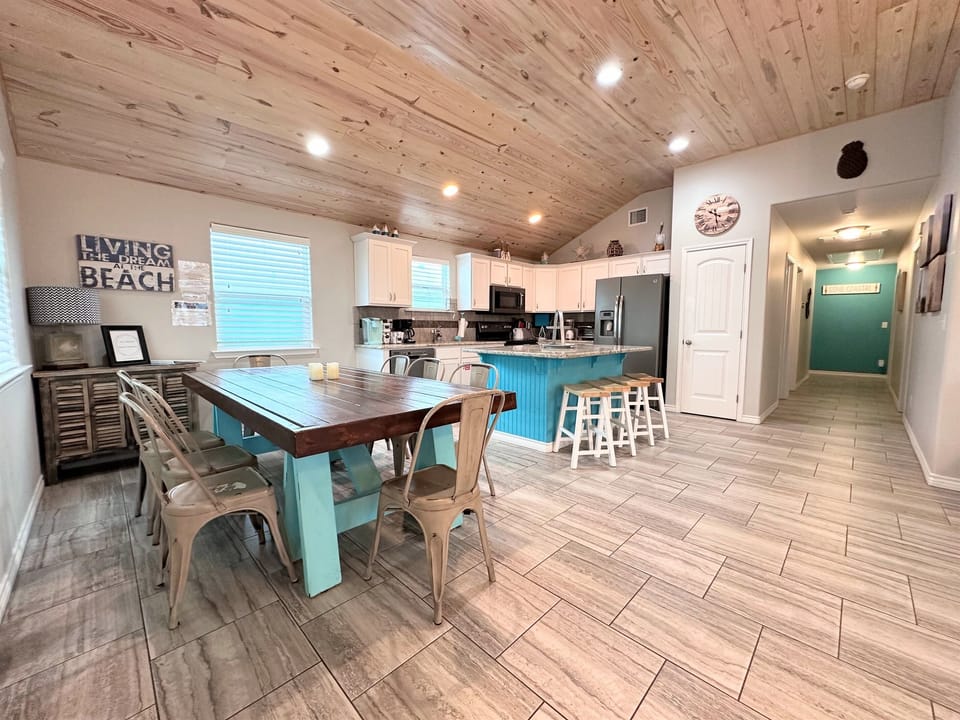 Well stocked kitchen with plenty of dishes, pots & pans, utensils and cookware to serve the gang. Melamine outdoor dishes and cups for outdoor dining.