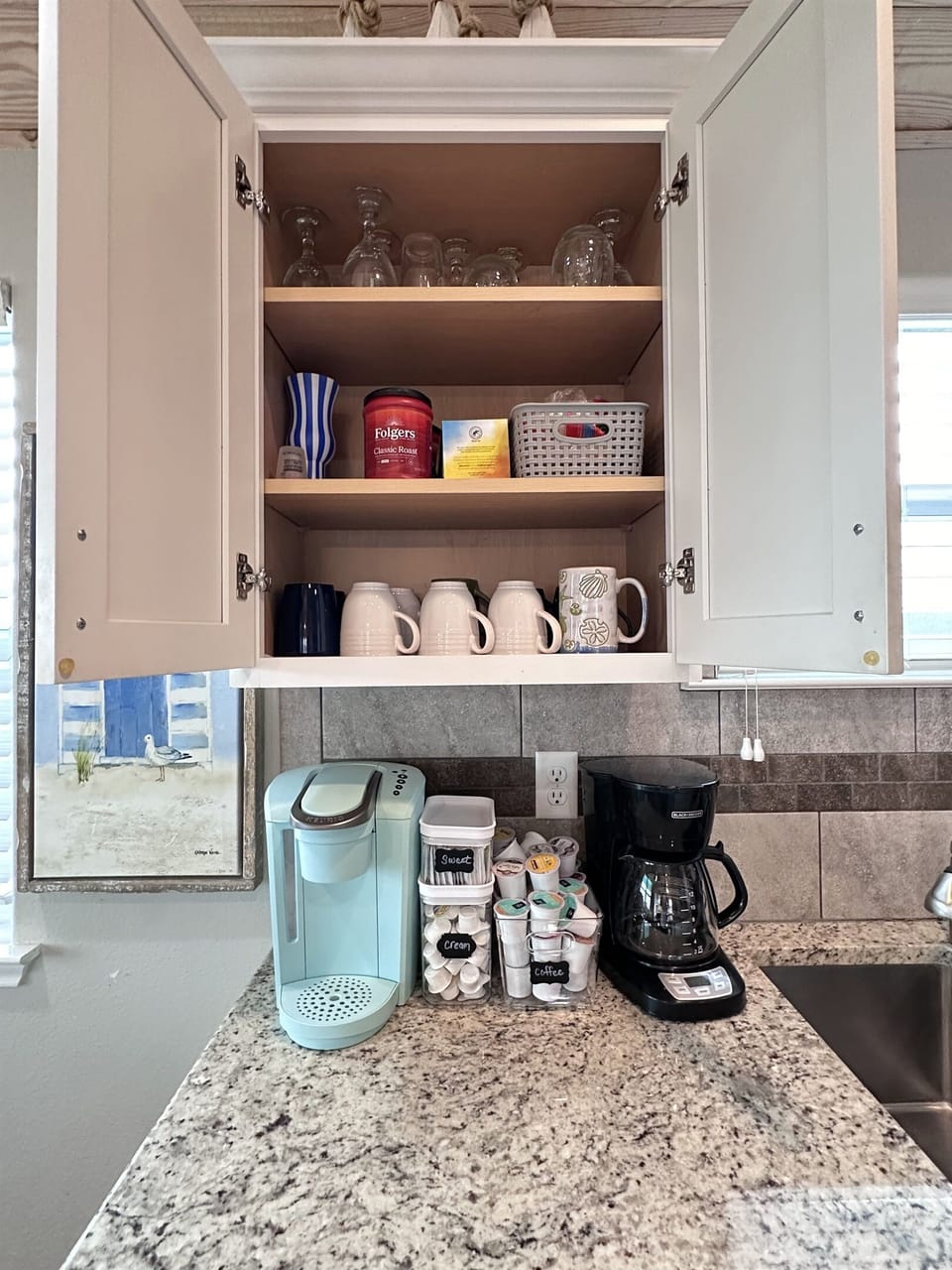 Plenty of coffee supplies to get your coffee started. Drip coffee maker with filters and grounds or Keurig with K-cups. Starter supply of sweeteners and creamer.