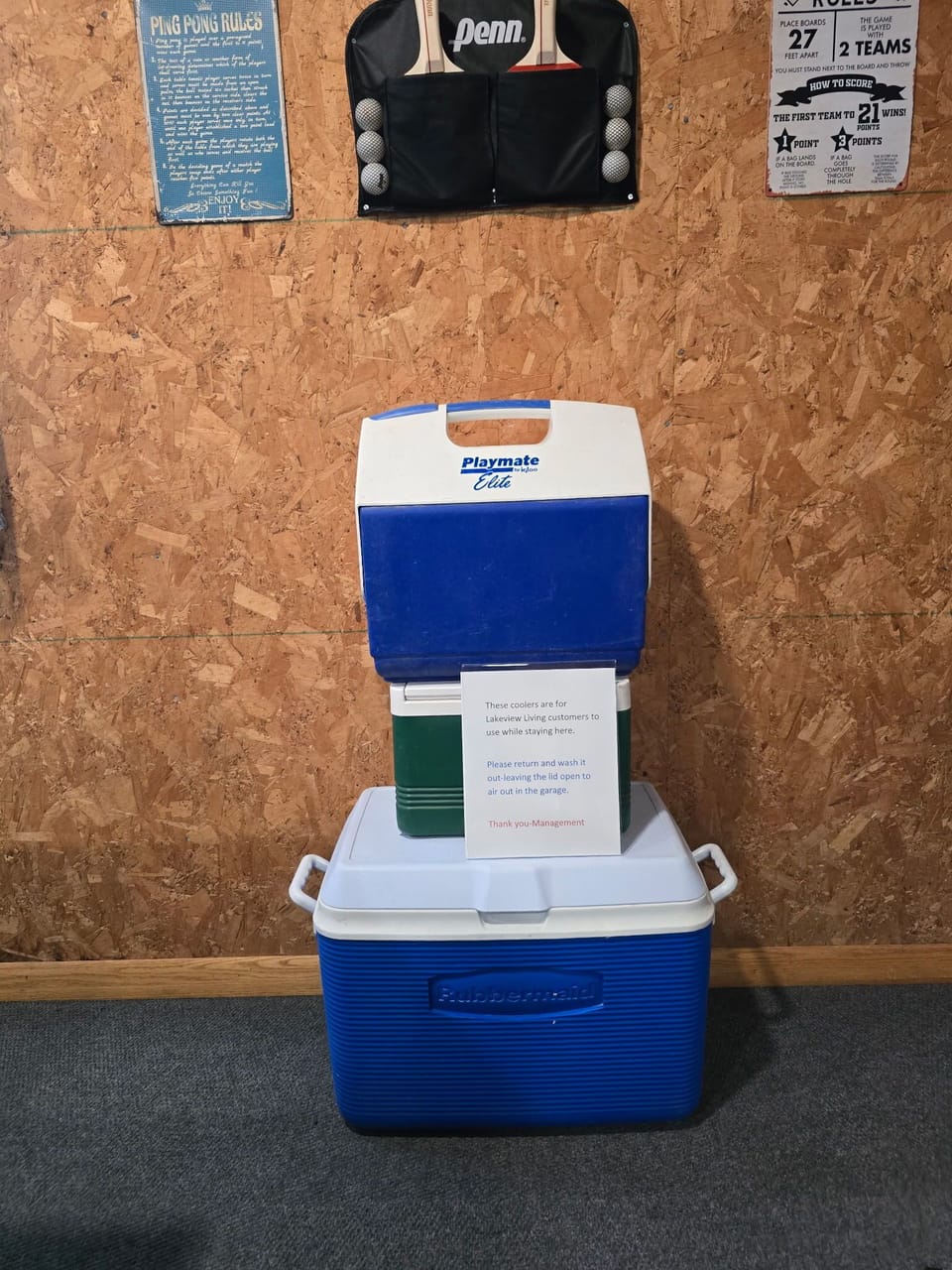 Small, medium, and large cooler in game room