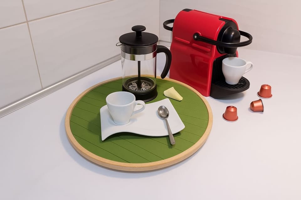 Coffee Station with Fresh Amenities
A thoughtful touch for morning rituals, complete with a capsule machine and essentials.