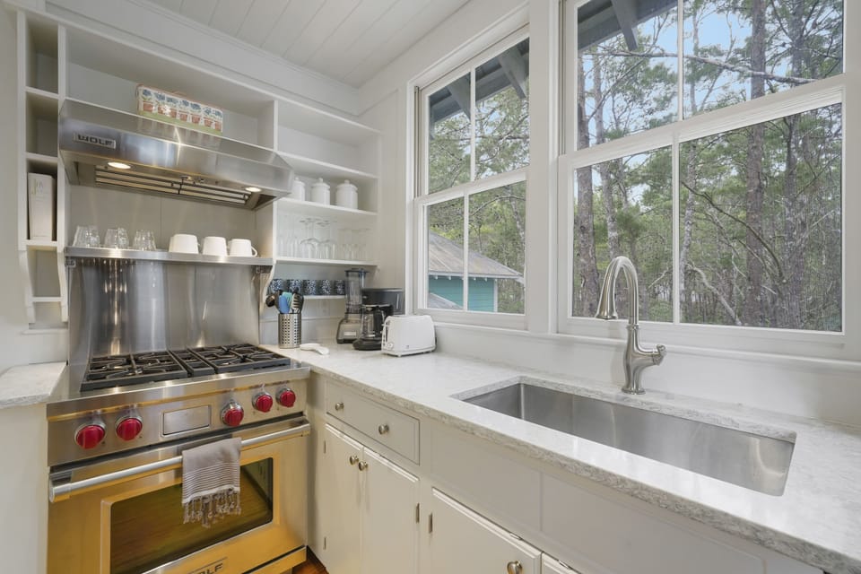 LARGE SINK AT REAR WINDOW W/WOLF OVEN & COOKTOP