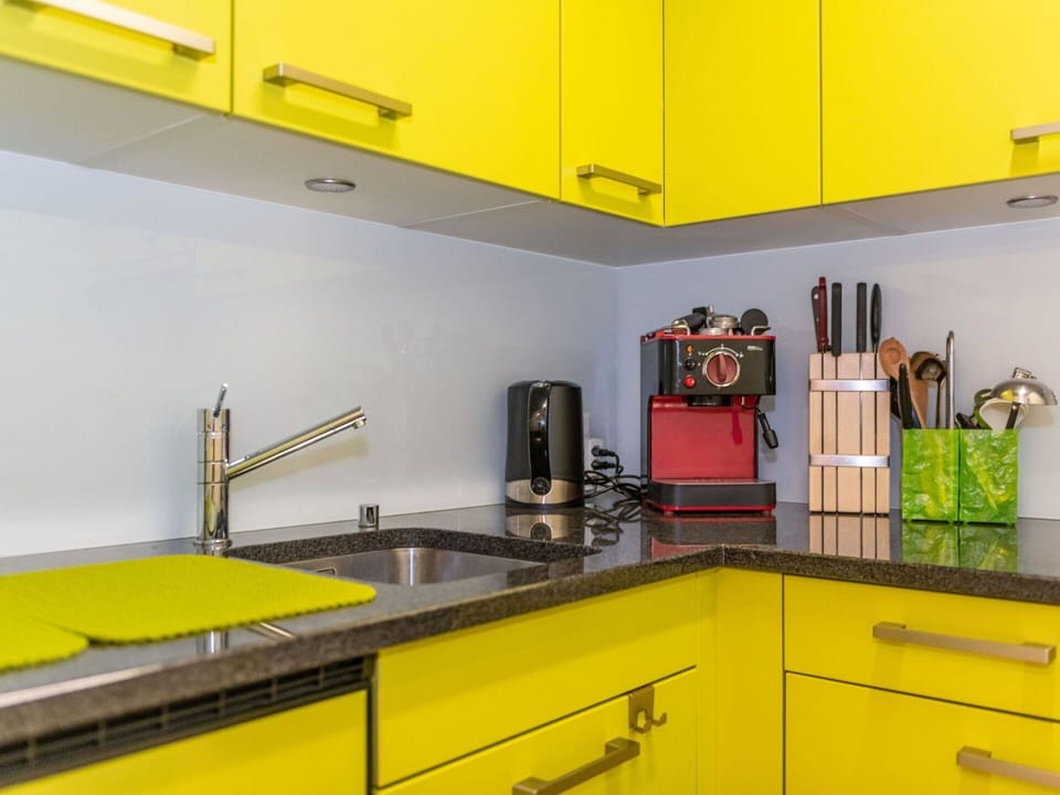 Cabinetry, Property, Countertop, Kitchen, Yellow, Kitchen Sink, Interior Design, Tap, Kitchen Appliance, Sink