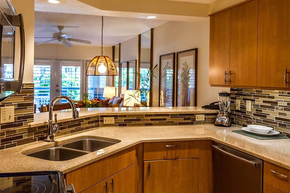 Spacious kitchen with ample counter space.