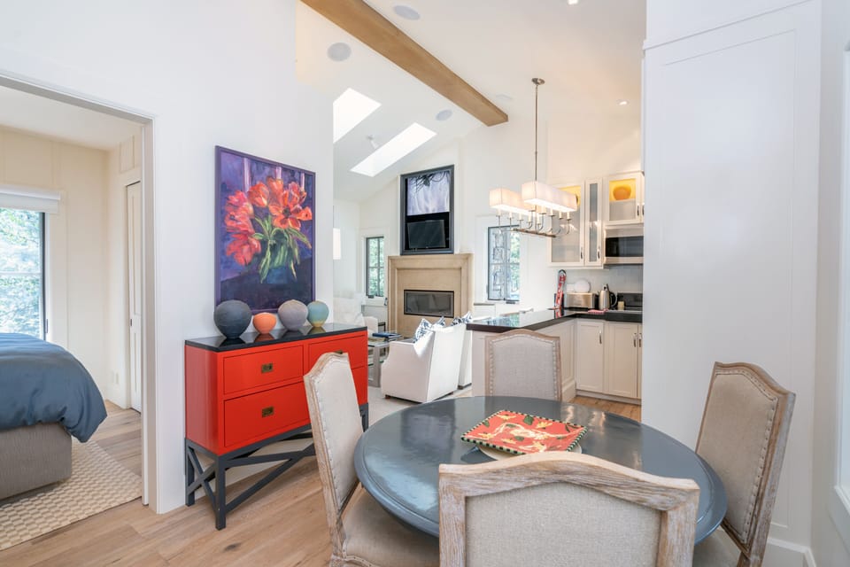View into living area and galley kitchen