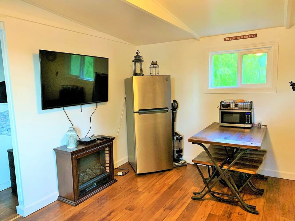 Smart tv and electric fireplace. 