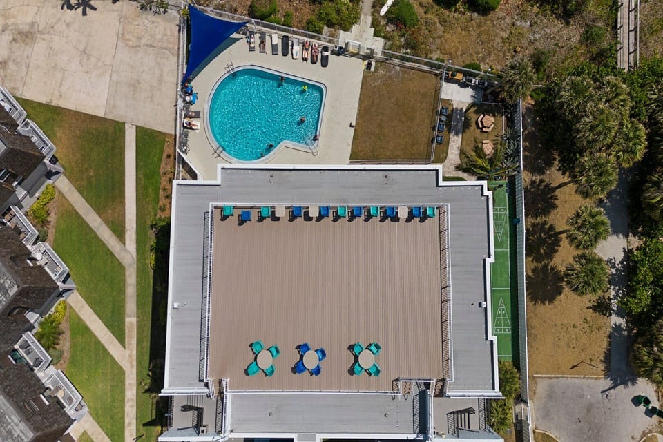 Top-down view of the spacious rooftop deck