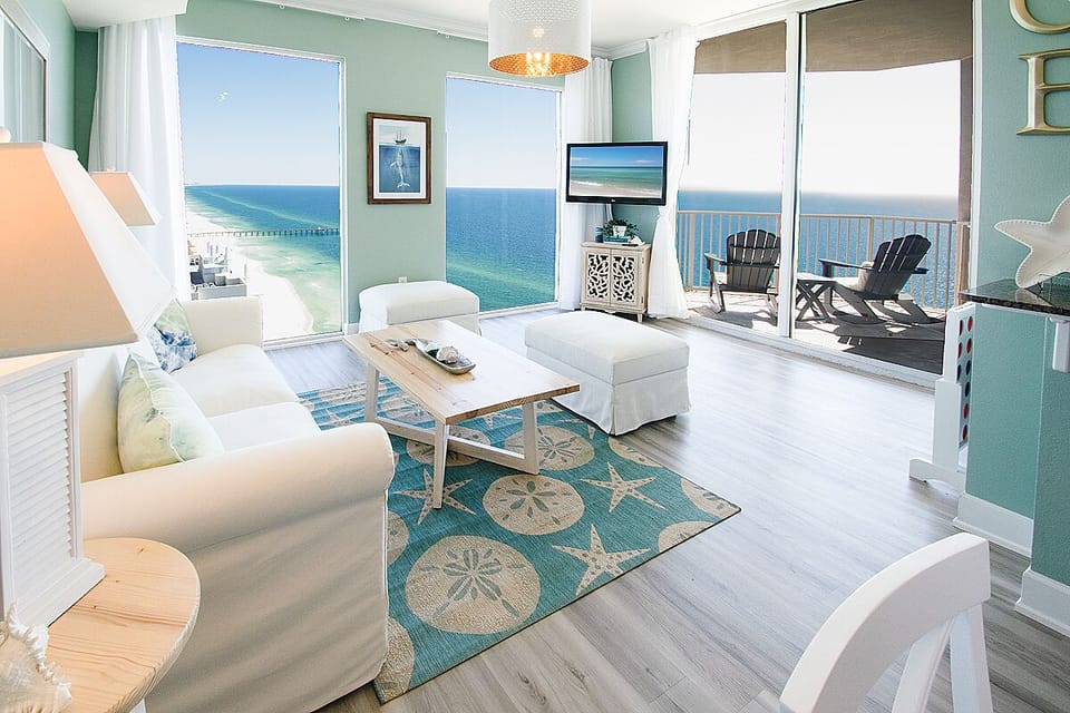 Living room with floor to ceiling windows