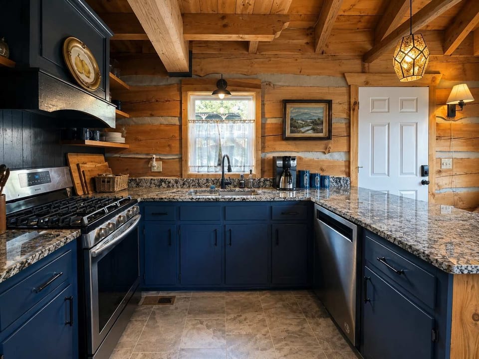 Beautiful granite counters in the fully equipped kitchen complete with gas range, custom hood, dishwasher and ceramic floors.