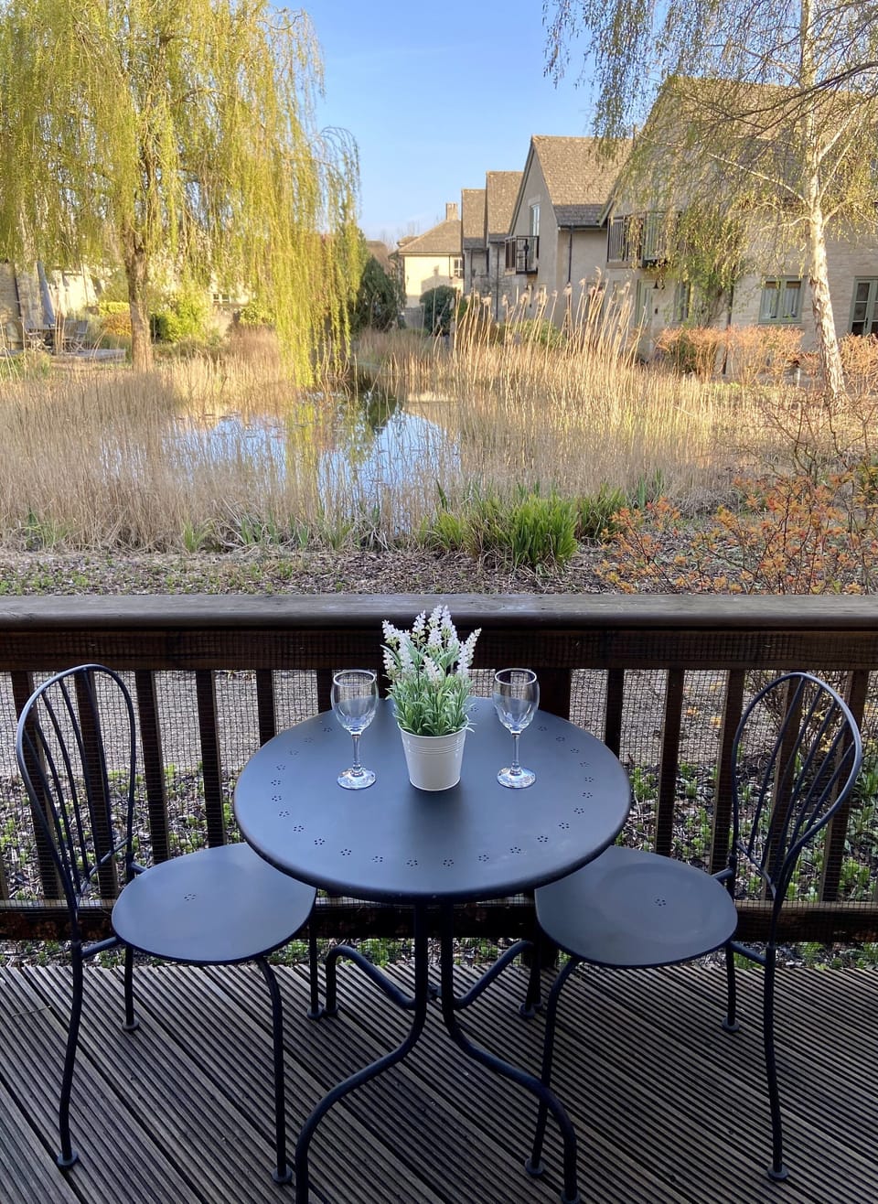 Enjoy a water garden view from the front terrace