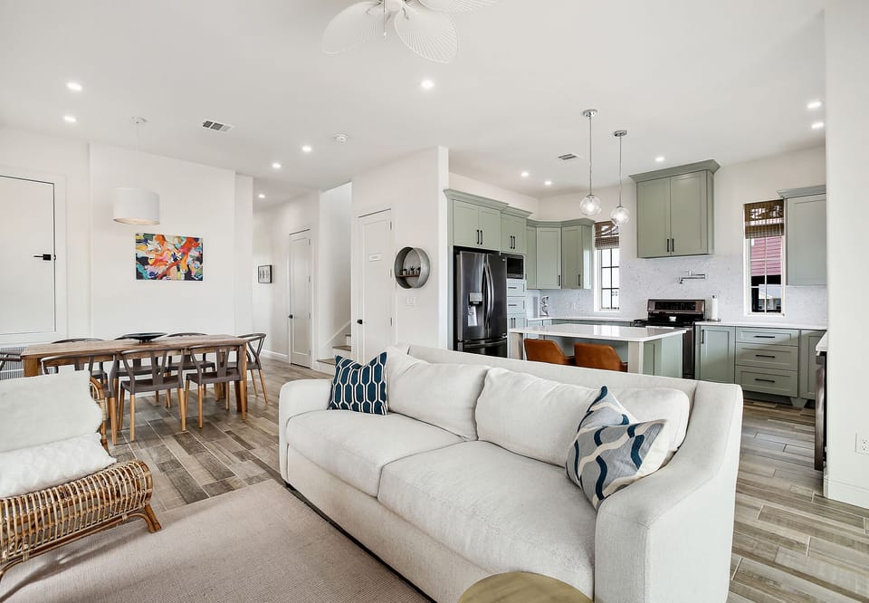 Open concept kitchen, living, dining.