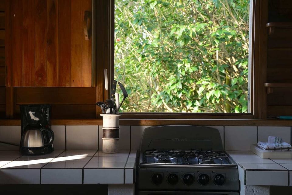 Kitchen is fully equipped with all you need to enjoy home cooked meals in your jungle oasis