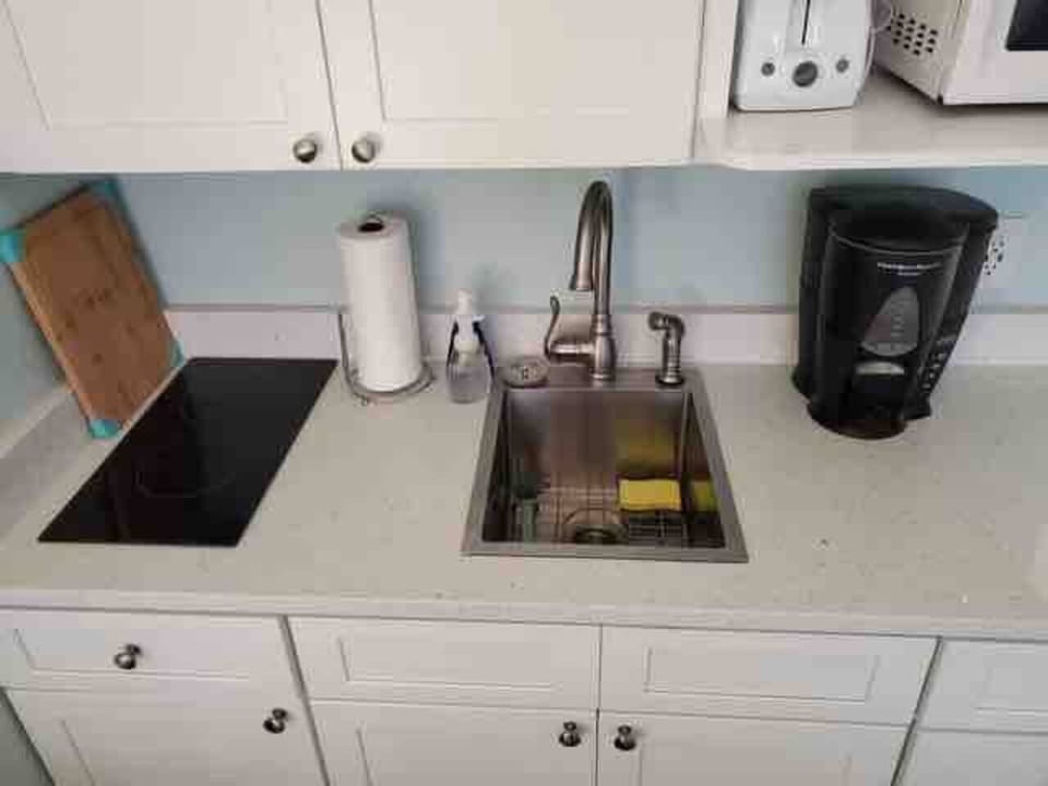 Quartz counters, deep sink, and a double burner cooktop!